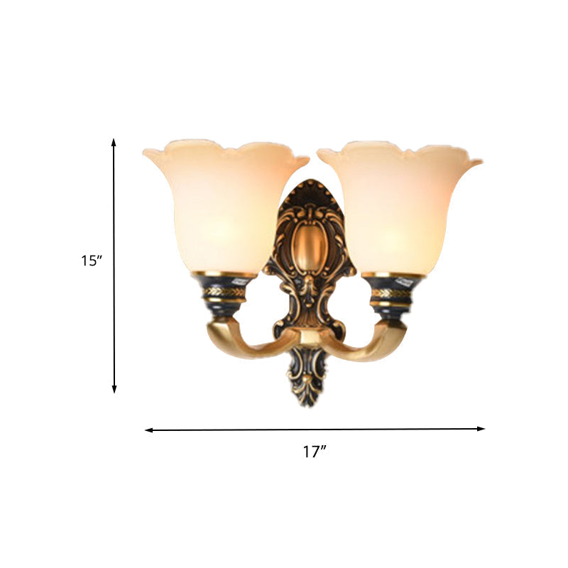 Traditional White Glass Floral Wall Sconce Light - Brass 1/2-Light Bedroom Lamp With Curvy Metal Arm