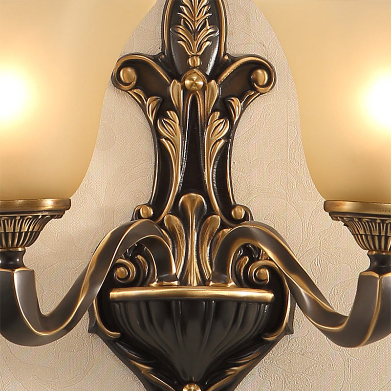 Traditional White Glass Floral Wall Sconce Light - Brass 1/2-Light Bedroom Lamp With Curvy Metal Arm