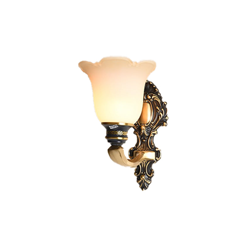 Traditional White Glass Floral Wall Sconce Light - Brass 1/2-Light Bedroom Lamp With Curvy Metal Arm