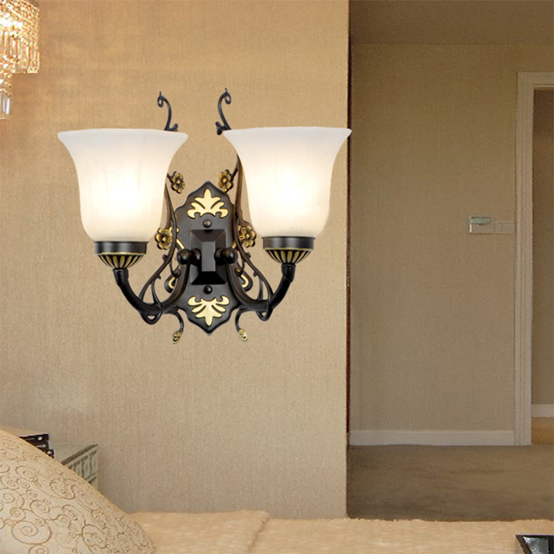 Vintage Style Bell Living Room Wall Light Sconce - Black Metal Lamp With White Glass Shade (1/2