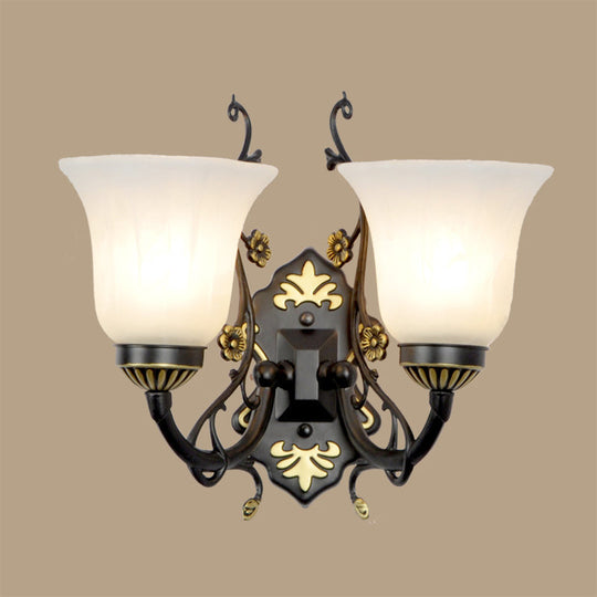 Vintage Style Bell Living Room Wall Light Sconce - Black Metal Lamp With White Glass Shade (1/2