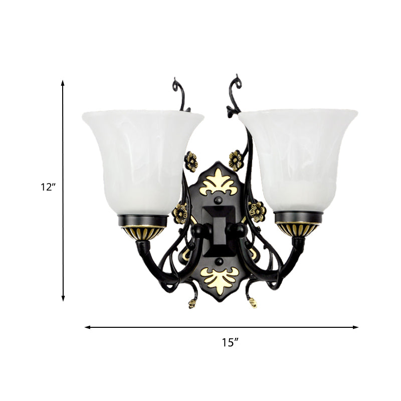 Vintage Style Bell Living Room Wall Light Sconce - Black Metal Lamp With White Glass Shade (1/2