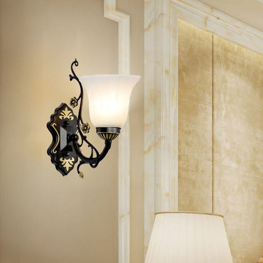 Vintage Style Bell Living Room Wall Light Sconce - Black Metal Lamp With White Glass Shade (1/2