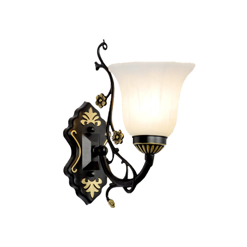 Vintage Style Bell Living Room Wall Light Sconce - Black Metal Lamp With White Glass Shade (1/2