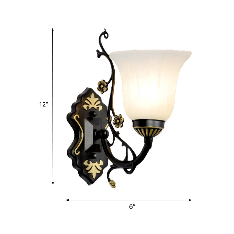 Vintage Style Bell Living Room Wall Light Sconce - Black Metal Lamp With White Glass Shade (1/2