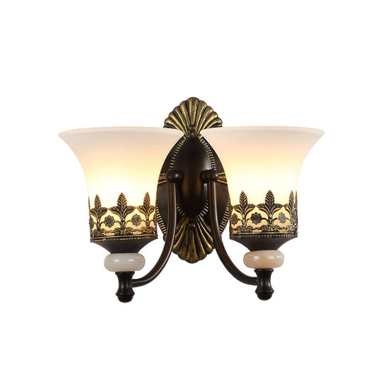 Traditional Black Bell Wall Sconce With White Glass Shade - Bedroom Mounted Light