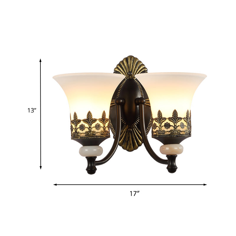 Traditional Black Bell Wall Sconce With White Glass Shade - Bedroom Mounted Light