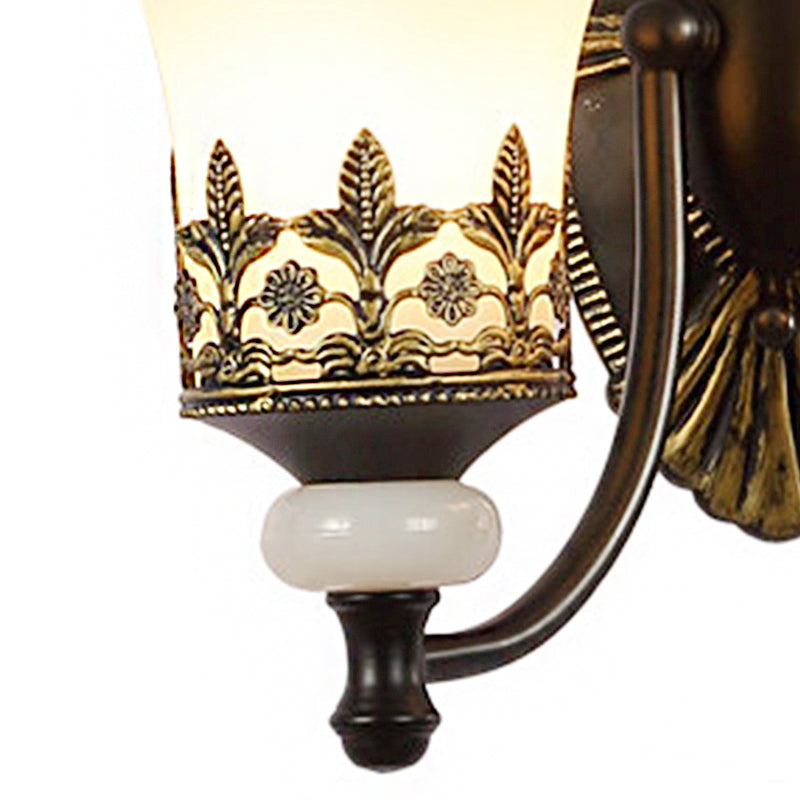 Traditional Black Bell Wall Sconce With White Glass Shade - Bedroom Mounted Light