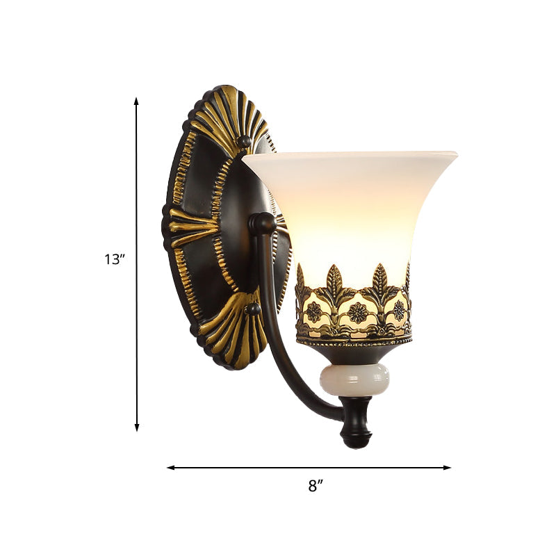 Traditional Black Bell Wall Sconce With White Glass Shade - Bedroom Mounted Light