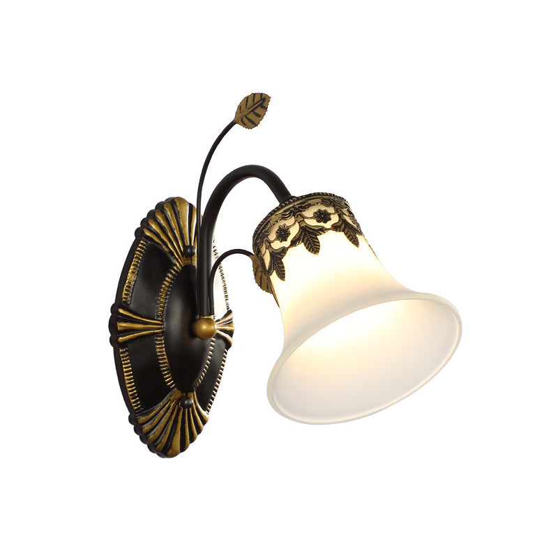 Vintage Frosted Glass Wall Sconce With Curved Arm - Black Bell 1/2-Light Fixture For Foyer