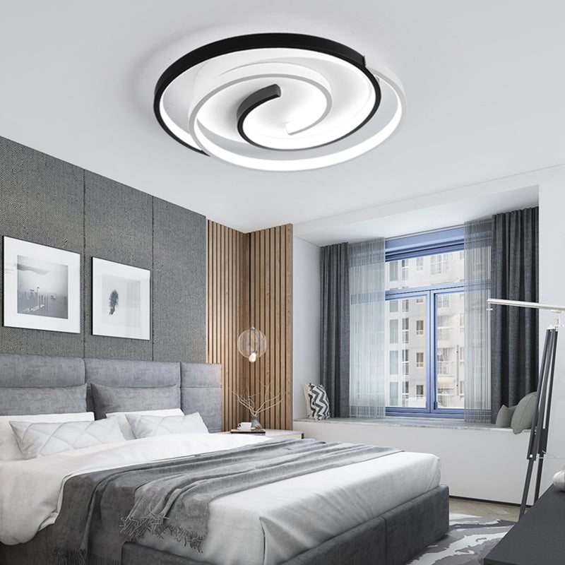 Modern Curved Flush Ceiling Light with LED in Black and White Acrylic for Bedroom Mounting