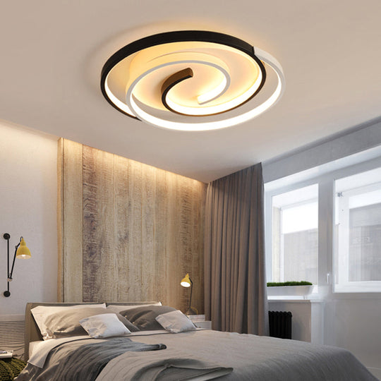 Modern Curved Flush Ceiling Light with LED in Black and White Acrylic for Bedroom Mounting