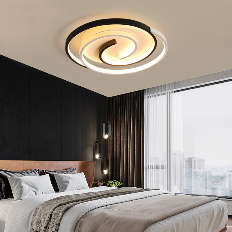 Modern Curved Flush Ceiling Light with LED in Black and White Acrylic for Bedroom Mounting