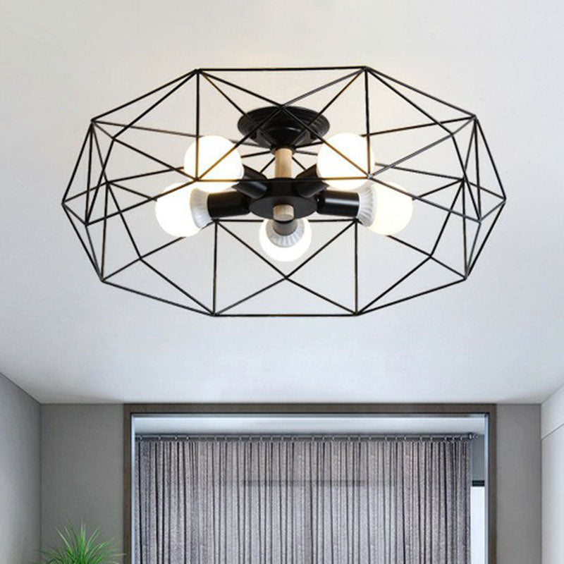 Sleek Industrial Iron Flushmount Ceiling Light: Fan Cage Semi Flush for Living Room