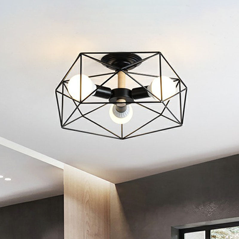 Sleek Industrial Iron Flushmount Ceiling Light: Fan Cage Semi Flush for Living Room