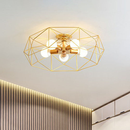 Sleek Industrial Iron Flushmount Ceiling Light: Fan Cage Semi Flush for Living Room