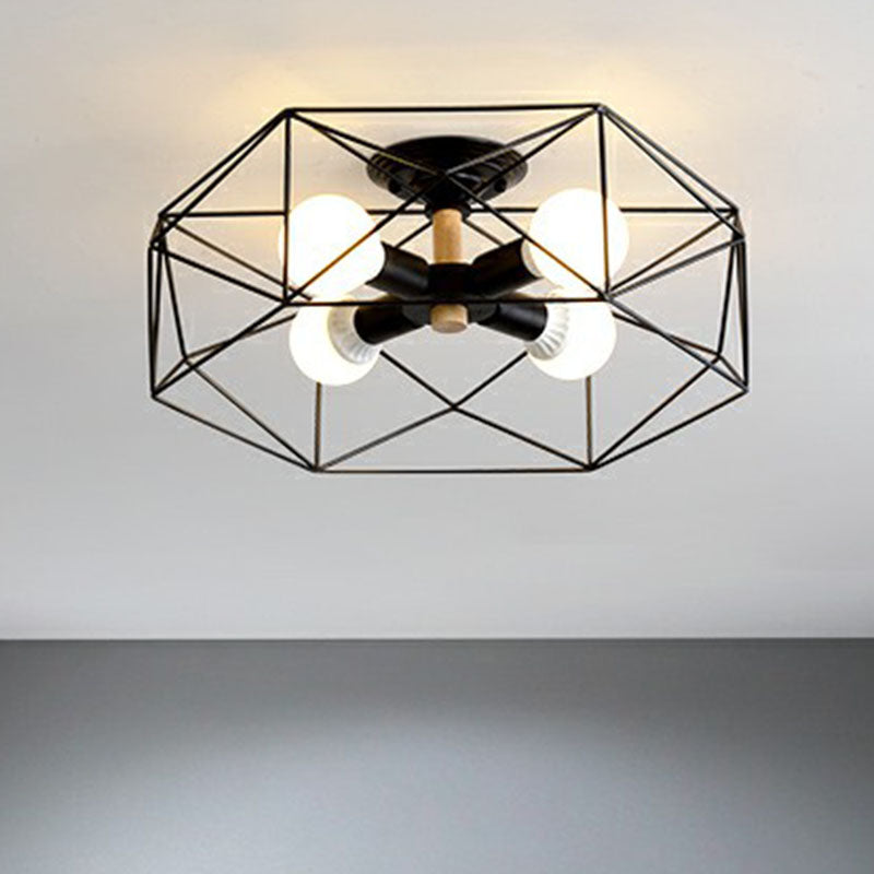 Sleek Industrial Iron Flushmount Ceiling Light: Fan Cage Semi Flush for Living Room