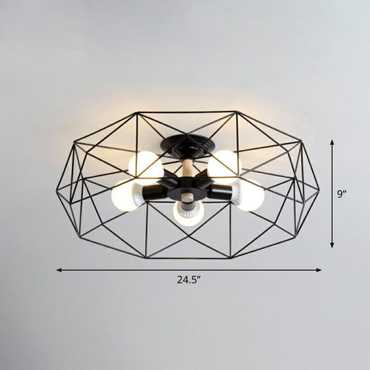 Sleek Industrial Iron Flushmount Ceiling Light: Fan Cage Semi Flush for Living Room