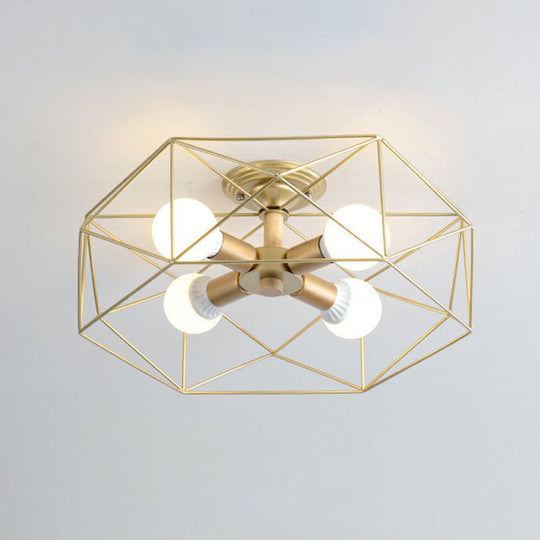 Sleek Industrial Iron Flushmount Ceiling Light: Fan Cage Semi Flush for Living Room