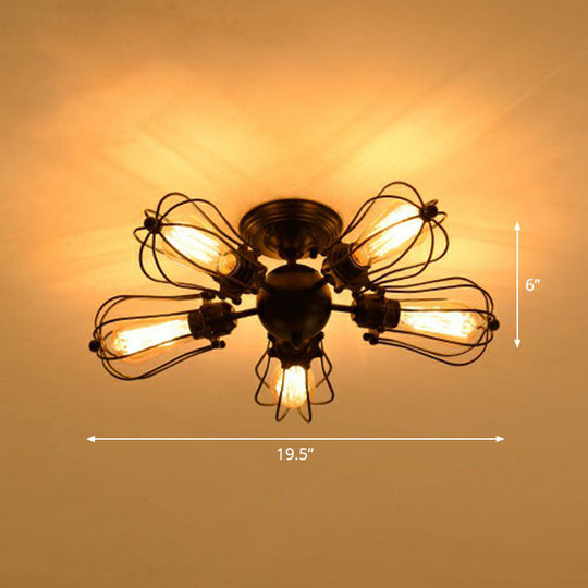 Vintage Black Iron Semi Flush Ceiling Light With Radial Shape And Cage - Ideal For Restaurants / A