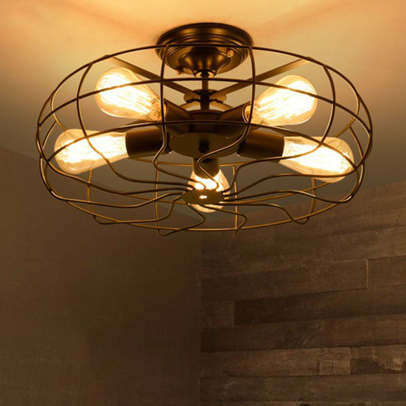 Vintage Black Iron Semi Flush Ceiling Light With Radial Shape And Cage - Ideal For Restaurants