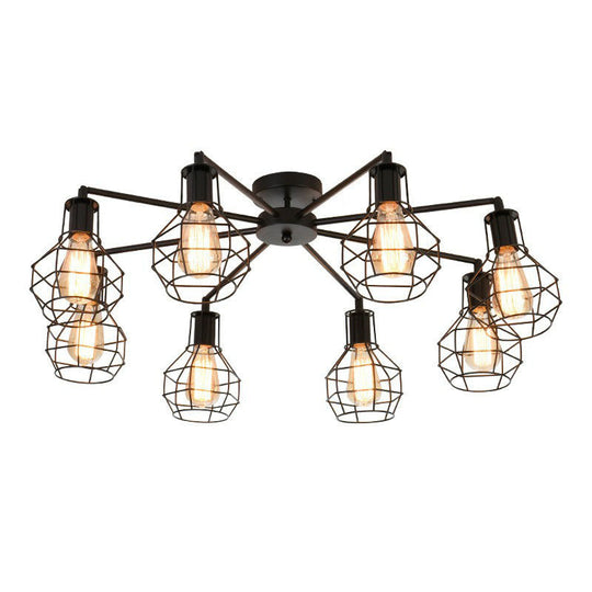 Vintage Black Iron Semi Flush Ceiling Light With Radial Shape And Cage - Ideal For Restaurants