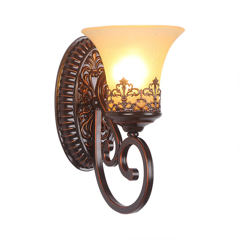 Vintage Frosted Glass Wall Sconce In Red Brown With Carved Backplate - Bedroom 1/2-Bulb Light