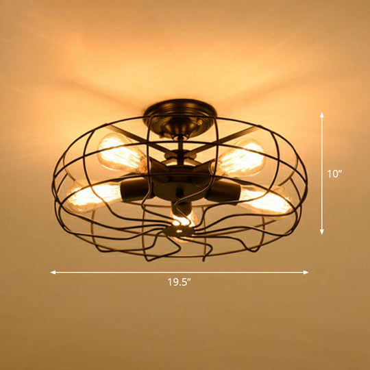 Vintage Black Iron Semi Flush Ceiling Light With Radial Shape And Cage - Ideal For Restaurants / B