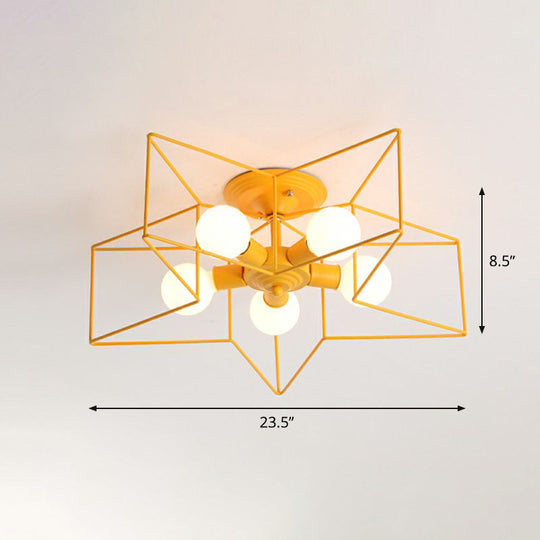 5-Bulb Iron Star Semi Flush Mount Ceiling Light For Simple Living Room Decor Yellow