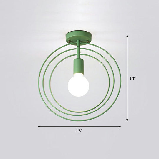 Retro Style Geometric Iron Semi Flush Mount Lighting For Corridor Green / Round