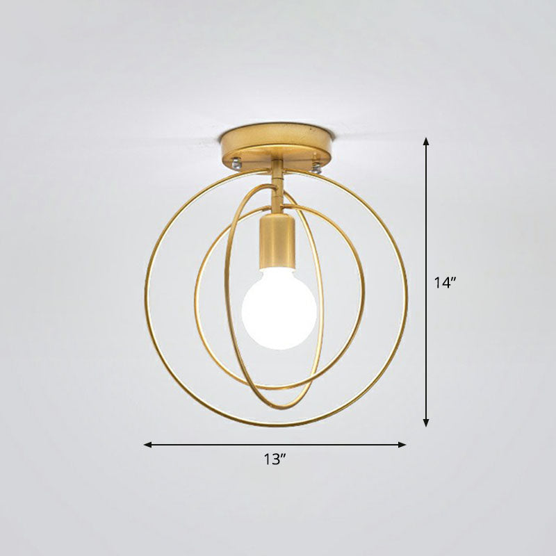 Retro Style Geometric Iron Semi Flush Mount Lighting For Corridor Gold / Round