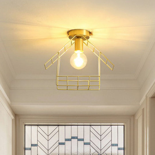 Gold Metallic House Shaped Semi Flush Light - Simplicity Ceiling Fixture for Corridors