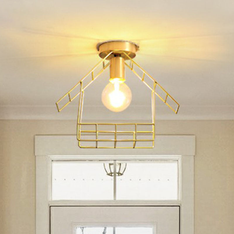 Gold Metallic House Shaped Semi Flush Light - Simplicity Ceiling Fixture for Corridors