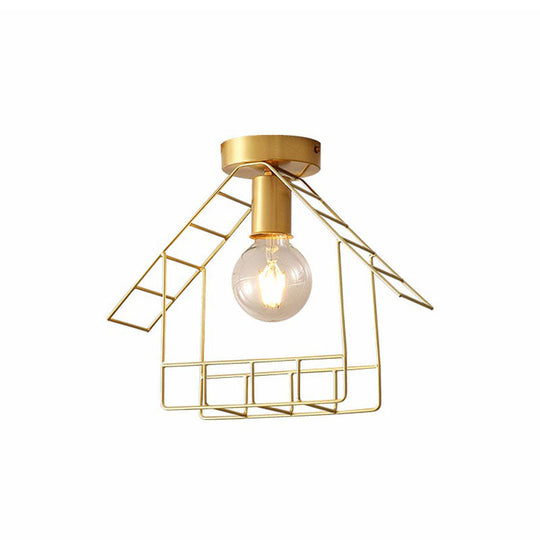 Gold Metallic House Shaped Semi Flush Light - Simplicity Ceiling Fixture for Corridors