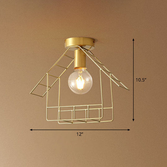 Gold Metallic House Shaped Semi Flush Light - Simplicity Ceiling Fixture for Corridors