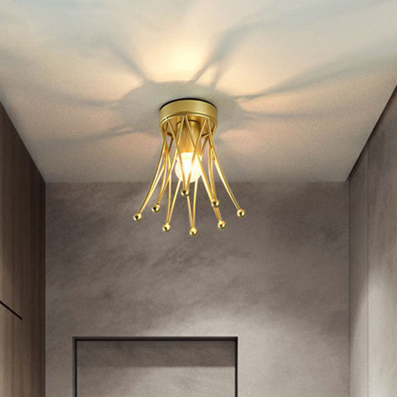 Retro Crown Iron Semi Flush Mount Lighting in Gold for Corridor