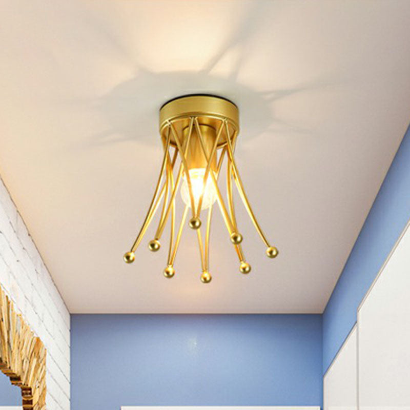 Retro Crown Iron Semi Flush Mount Lighting in Gold for Corridor