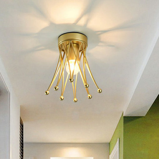 Retro Crown Iron Semi Flush Mount Lighting in Gold for Corridor