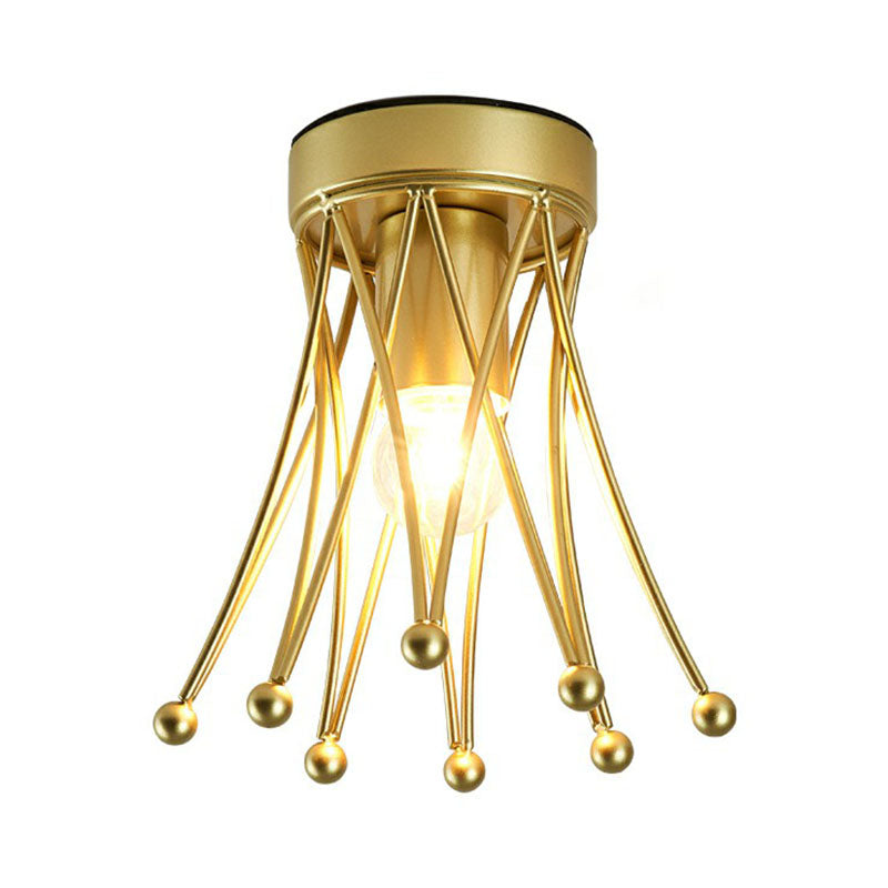 Retro Crown Iron Semi Flush Mount Lighting in Gold for Corridor