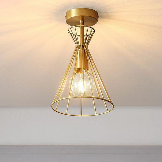 Golden Vintage Hourglass Semi-Flush Ceiling Light with Single Bulb