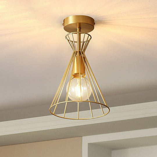 Golden Vintage Hourglass Semi-Flush Ceiling Light with Single Bulb