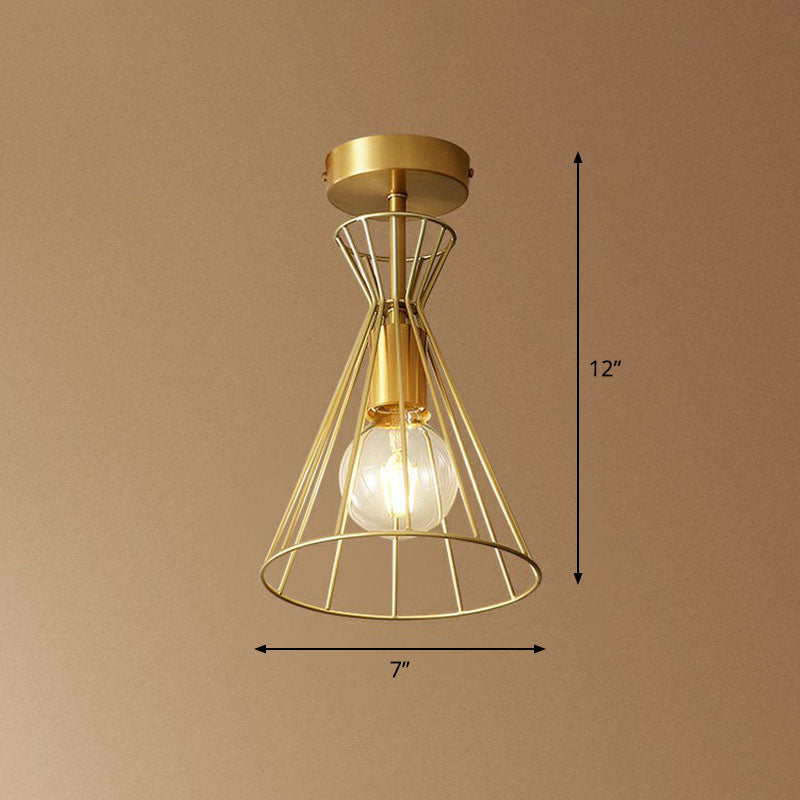 Golden Vintage Hourglass Semi-Flush Ceiling Light with Single Bulb