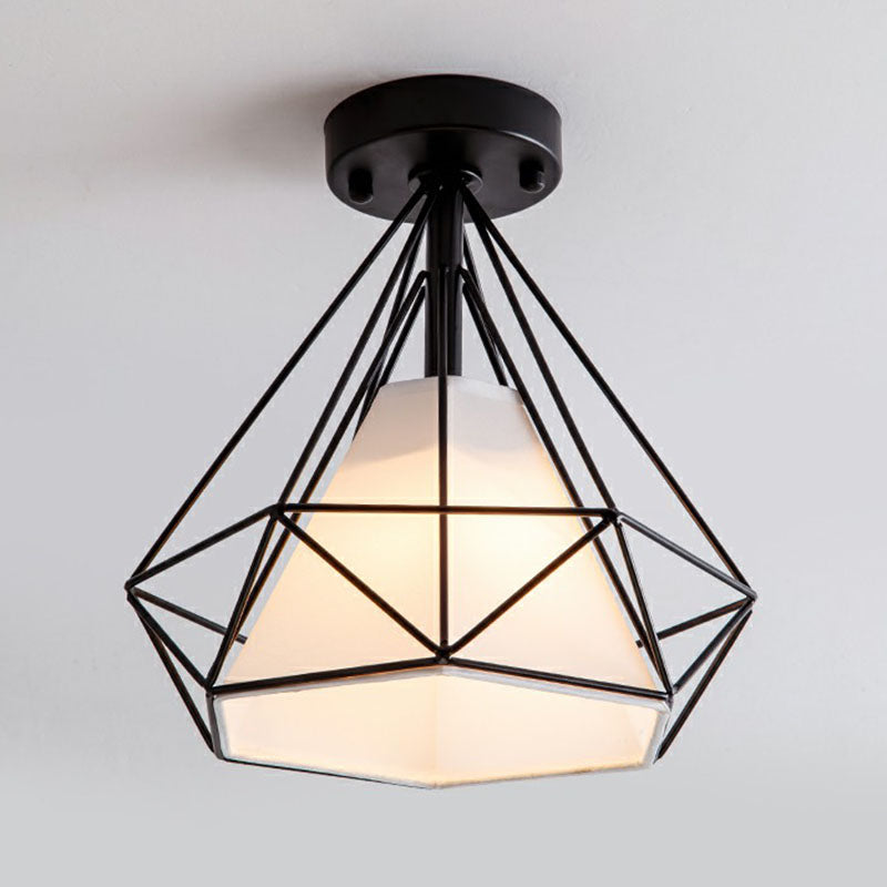 Sleek Iron Diamond Cage Semi Flush Ceiling Light Fixture – Ideal for Corridors and Simplicity-Loving Spaces