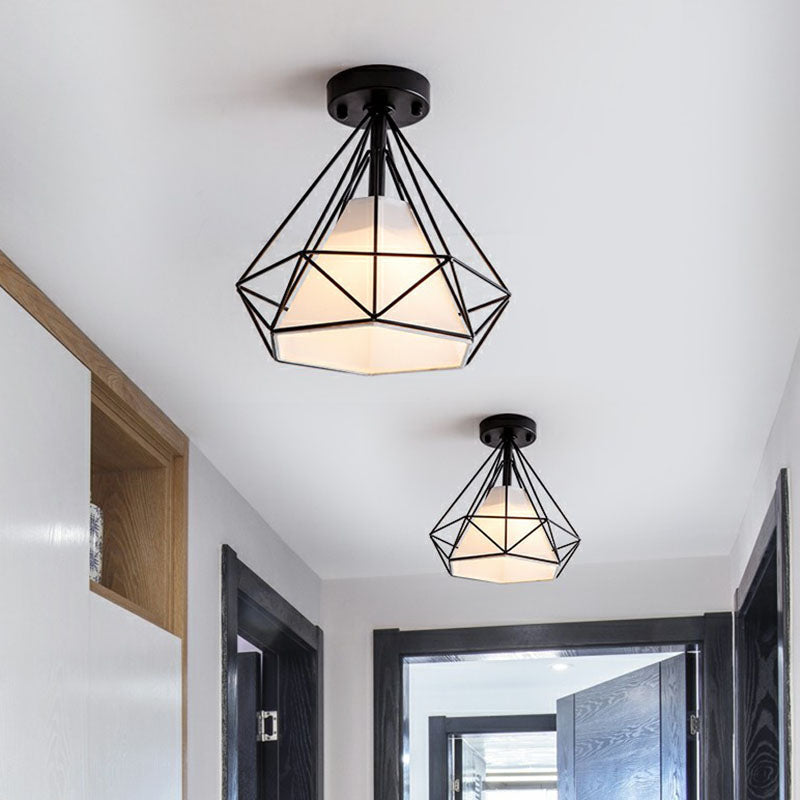 Sleek Iron Diamond Cage Semi Flush Ceiling Light Fixture – Ideal for Corridors and Simplicity-Loving Spaces