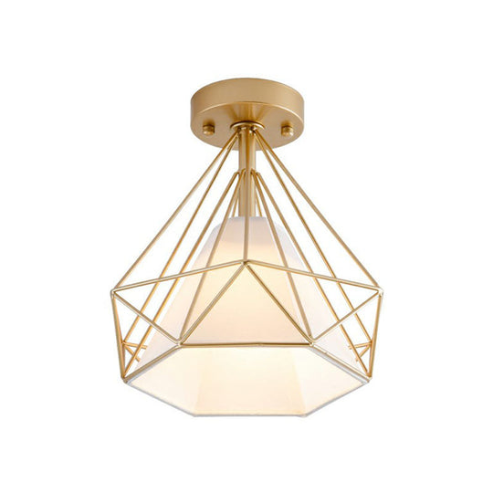 Sleek Iron Diamond Cage Semi Flush Ceiling Light Fixture – Ideal for Corridors and Simplicity-Loving Spaces