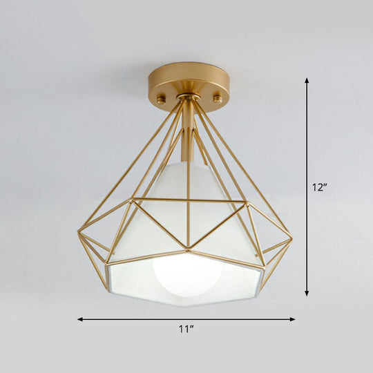 Sleek Iron Diamond Cage Semi Flush Ceiling Light Fixture – Ideal for Corridors and Simplicity-Loving Spaces