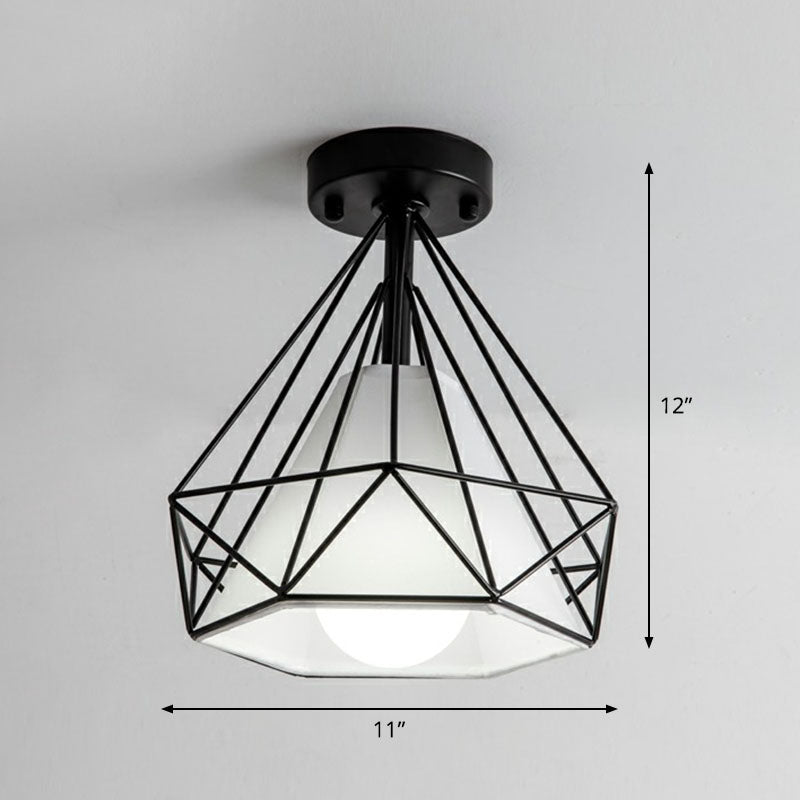 Sleek Iron Diamond Cage Semi Flush Ceiling Light Fixture – Ideal for Corridors and Simplicity-Loving Spaces