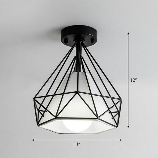 Sleek Iron Diamond Cage Semi Flush Ceiling Light Fixture – Ideal for Corridors and Simplicity-Loving Spaces