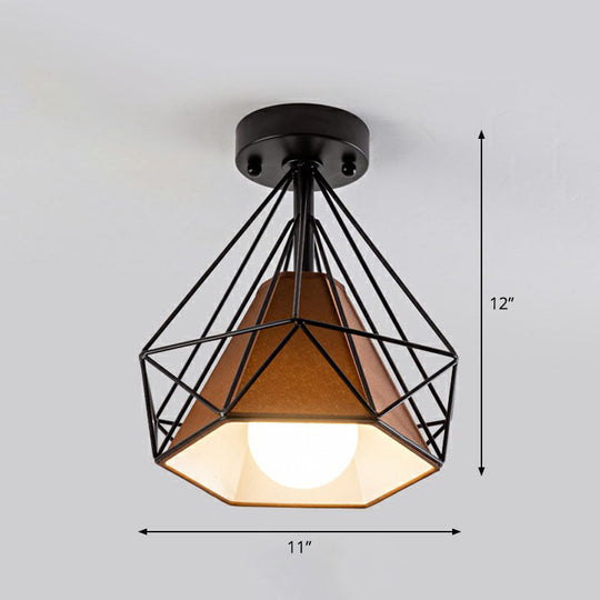 Sleek Iron Diamond Cage Semi Flush Ceiling Light Fixture Ideal For Corridors And Simplicity-Loving