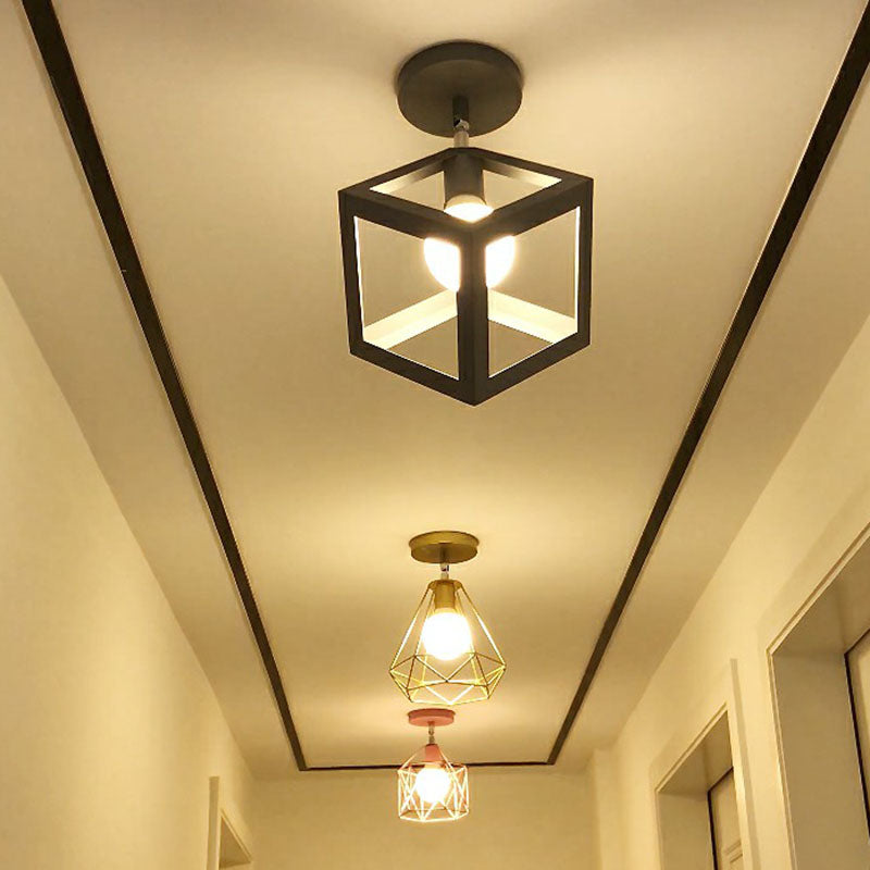 Retro Geometric Semi Flush Mount Lighting - Iron Flush Mount Fixture for Entryway